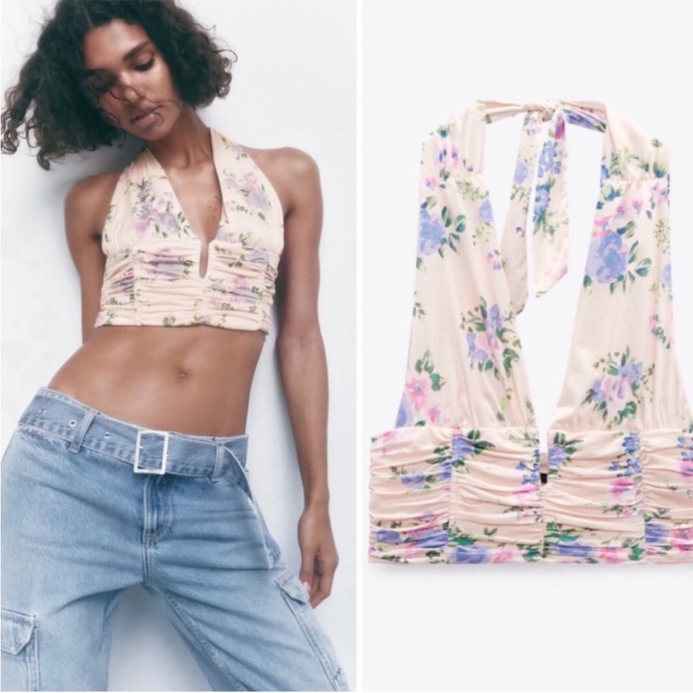 Zara New Corset Crop Top Pink Flowers Soft Floral Halter Cute Summer Barbie Mini